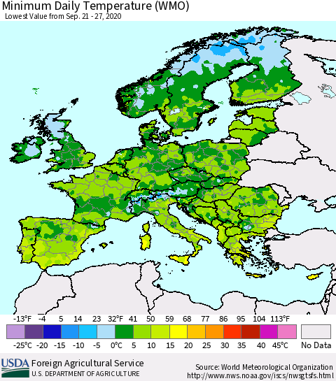Europe Minimum Daily Temperature (WMO) Thematic Map For 9/21/2020 - 9/27/2020