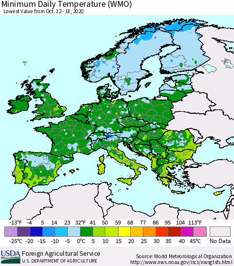 Europe Minimum Daily Temperature (WMO) Thematic Map For 10/12/2020 - 10/18/2020