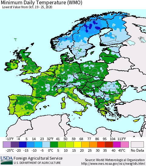 Europe Minimum Daily Temperature (WMO) Thematic Map For 10/19/2020 - 10/25/2020