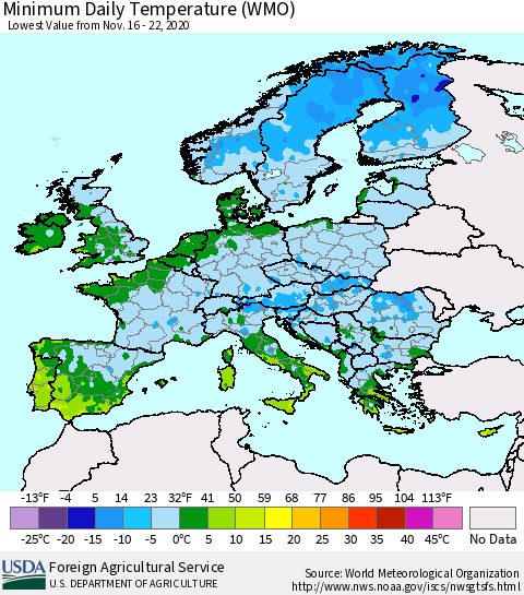Europe Minimum Daily Temperature (WMO) Thematic Map For 11/16/2020 - 11/22/2020