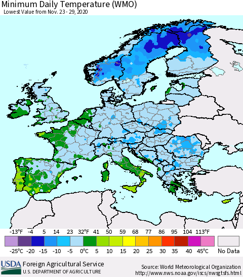 Europe Minimum Daily Temperature (WMO) Thematic Map For 11/23/2020 - 11/29/2020