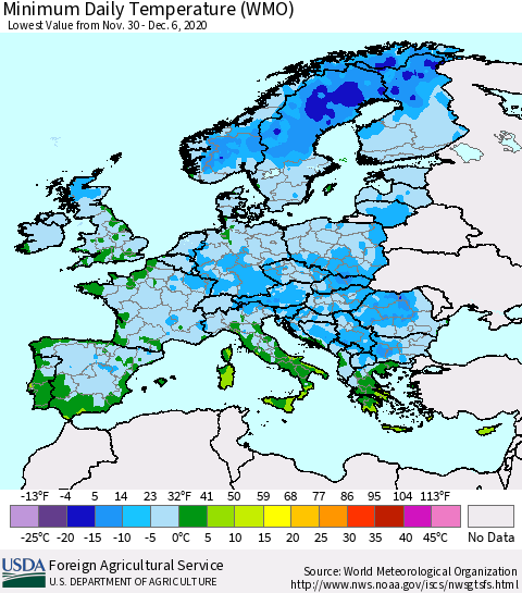 Europe Minimum Daily Temperature (WMO) Thematic Map For 11/30/2020 - 12/6/2020