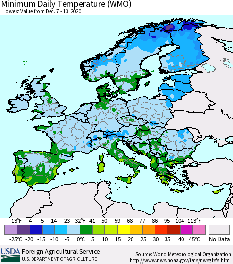 Europe Minimum Daily Temperature (WMO) Thematic Map For 12/7/2020 - 12/13/2020