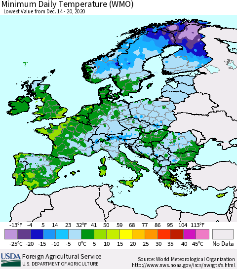Europe Minimum Daily Temperature (WMO) Thematic Map For 12/14/2020 - 12/20/2020