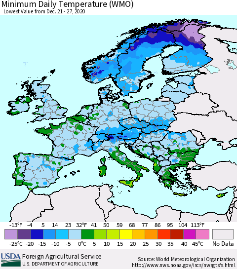 Europe Minimum Daily Temperature (WMO) Thematic Map For 12/21/2020 - 12/27/2020