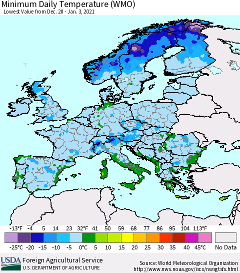Europe Minimum Daily Temperature (WMO) Thematic Map For 12/28/2020 - 1/3/2021