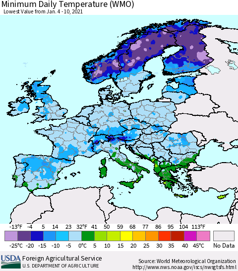 Europe Minimum Daily Temperature (WMO) Thematic Map For 1/4/2021 - 1/10/2021