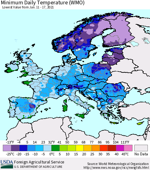 Europe Minimum Daily Temperature (WMO) Thematic Map For 1/11/2021 - 1/17/2021