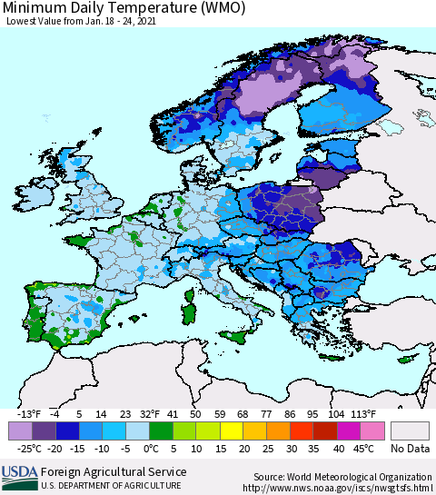 Europe Minimum Daily Temperature (WMO) Thematic Map For 1/18/2021 - 1/24/2021