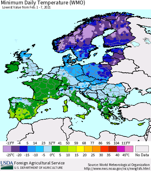 Europe Minimum Daily Temperature (WMO) Thematic Map For 2/1/2021 - 2/7/2021