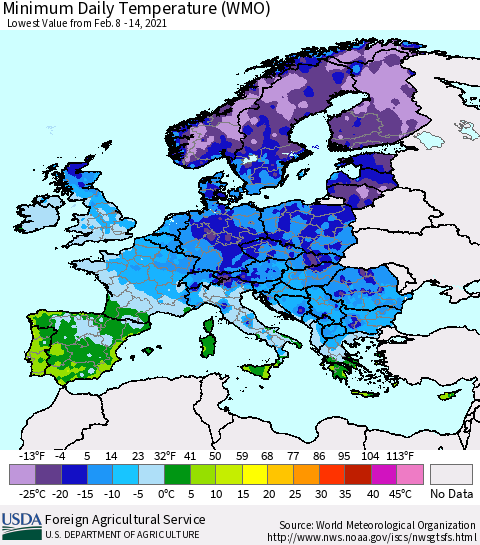 Europe Minimum Daily Temperature (WMO) Thematic Map For 2/8/2021 - 2/14/2021