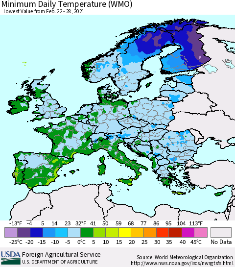 Europe Minimum Daily Temperature (WMO) Thematic Map For 2/22/2021 - 2/28/2021