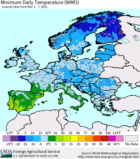 Europe Minimum Daily Temperature (WMO) Thematic Map For 3/1/2021 - 3/7/2021