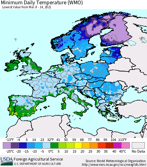 Europe Minimum Daily Temperature (WMO) Thematic Map For 3/8/2021 - 3/14/2021