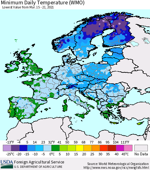 Europe Minimum Daily Temperature (WMO) Thematic Map For 3/15/2021 - 3/21/2021