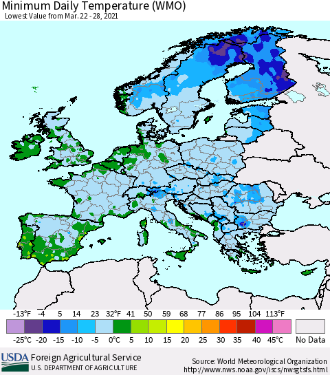 Europe Minimum Daily Temperature (WMO) Thematic Map For 3/22/2021 - 3/28/2021