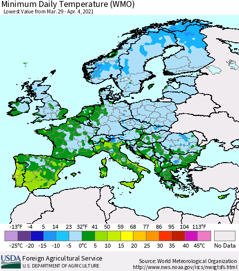 Europe Minimum Daily Temperature (WMO) Thematic Map For 3/29/2021 - 4/4/2021