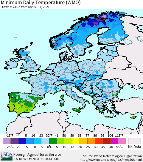 Europe Minimum Daily Temperature (WMO) Thematic Map For 4/5/2021 - 4/11/2021