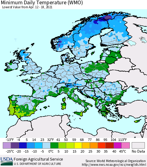 Europe Minimum Daily Temperature (WMO) Thematic Map For 4/12/2021 - 4/18/2021