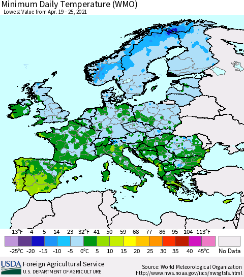 Europe Minimum Daily Temperature (WMO) Thematic Map For 4/19/2021 - 4/25/2021