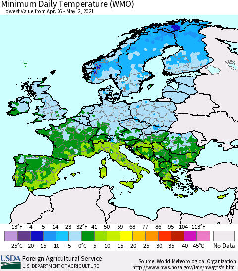 Europe Minimum Daily Temperature (WMO) Thematic Map For 4/26/2021 - 5/2/2021