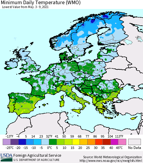 Europe Minimum Daily Temperature (WMO) Thematic Map For 5/3/2021 - 5/9/2021