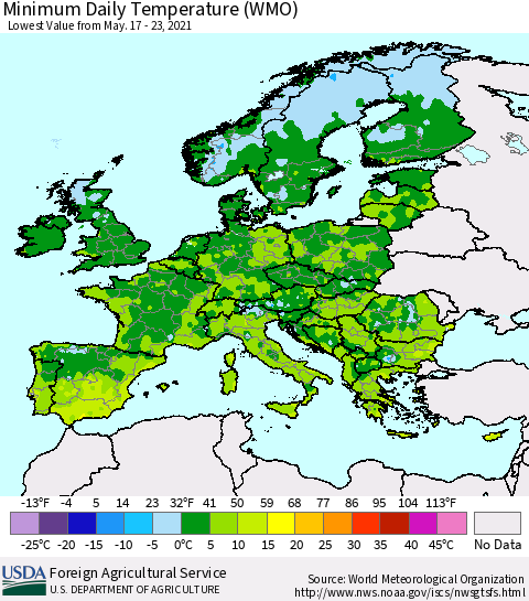 Europe Minimum Daily Temperature (WMO) Thematic Map For 5/17/2021 - 5/23/2021