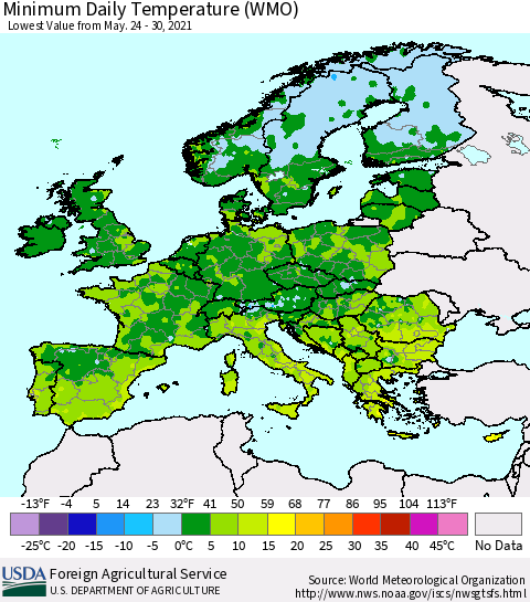 Europe Minimum Daily Temperature (WMO) Thematic Map For 5/24/2021 - 5/30/2021