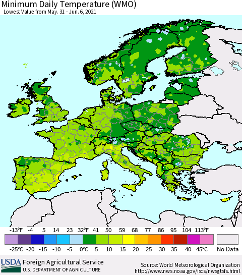Europe Minimum Daily Temperature (WMO) Thematic Map For 5/31/2021 - 6/6/2021