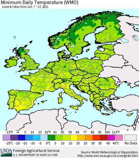 Europe Minimum Daily Temperature (WMO) Thematic Map For 6/7/2021 - 6/13/2021