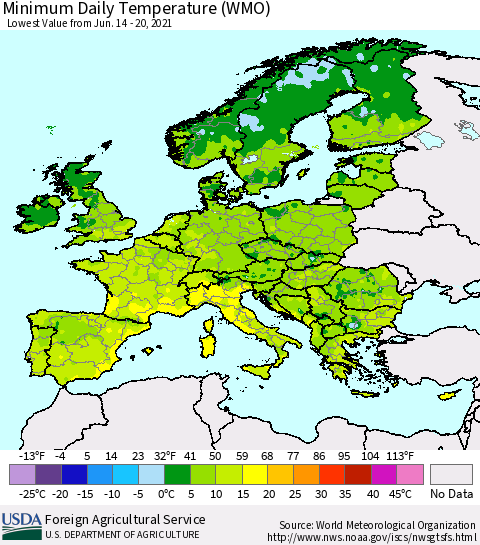 Europe Minimum Daily Temperature (WMO) Thematic Map For 6/14/2021 - 6/20/2021