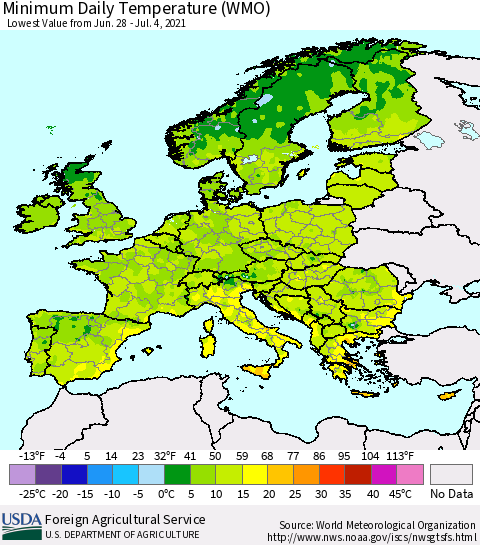 Europe Minimum Daily Temperature (WMO) Thematic Map For 6/28/2021 - 7/4/2021