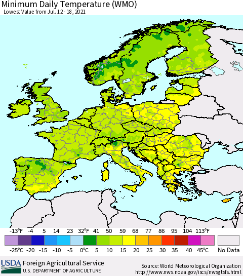 Europe Minimum Daily Temperature (WMO) Thematic Map For 7/12/2021 - 7/18/2021