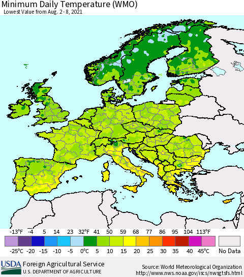 Europe Minimum Daily Temperature (WMO) Thematic Map For 8/2/2021 - 8/8/2021