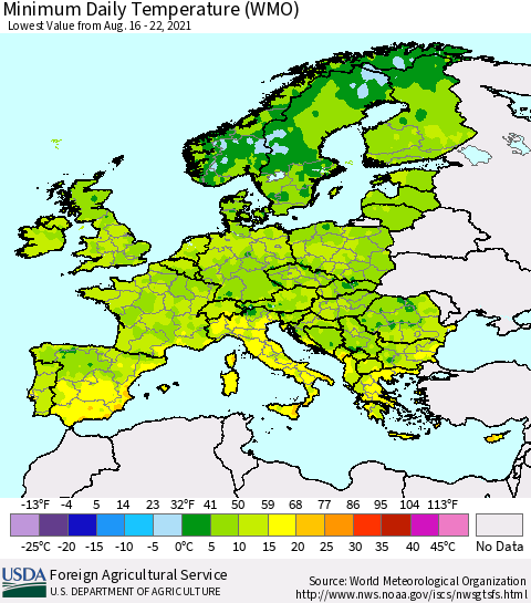 Europe Minimum Daily Temperature (WMO) Thematic Map For 8/16/2021 - 8/22/2021