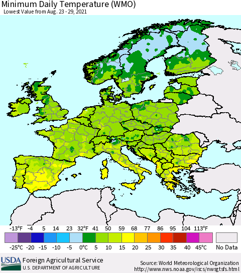 Europe Minimum Daily Temperature (WMO) Thematic Map For 8/23/2021 - 8/29/2021