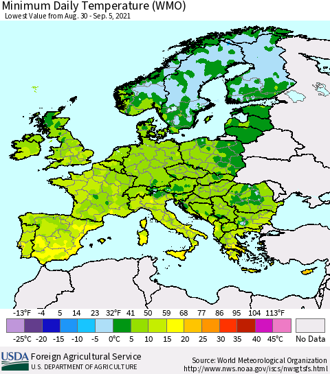 Europe Minimum Daily Temperature (WMO) Thematic Map For 8/30/2021 - 9/5/2021
