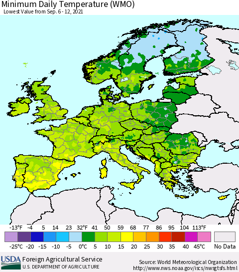 Europe Minimum Daily Temperature (WMO) Thematic Map For 9/6/2021 - 9/12/2021
