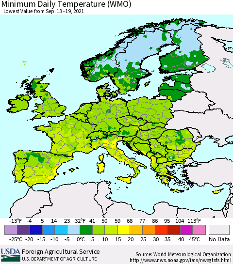 Europe Minimum Daily Temperature (WMO) Thematic Map For 9/13/2021 - 9/19/2021