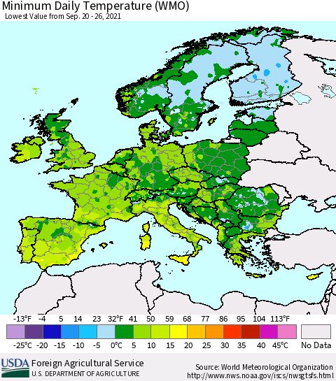 Europe Minimum Daily Temperature (WMO) Thematic Map For 9/20/2021 - 9/26/2021