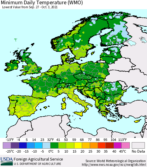 Europe Minimum Daily Temperature (WMO) Thematic Map For 9/27/2021 - 10/3/2021