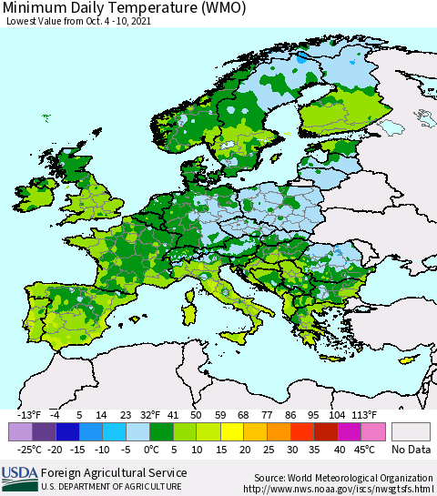 Europe Minimum Daily Temperature (WMO) Thematic Map For 10/4/2021 - 10/10/2021