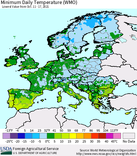 Europe Minimum Daily Temperature (WMO) Thematic Map For 10/11/2021 - 10/17/2021