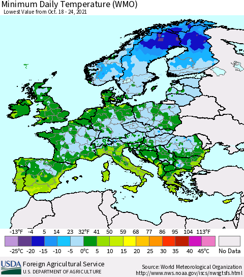 Europe Minimum Daily Temperature (WMO) Thematic Map For 10/18/2021 - 10/24/2021