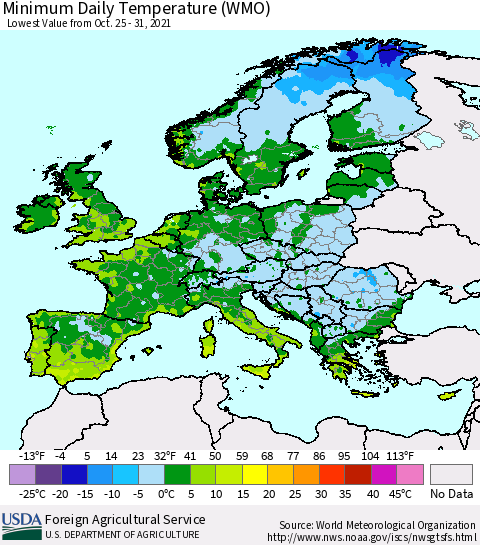 Europe Minimum Daily Temperature (WMO) Thematic Map For 10/25/2021 - 10/31/2021