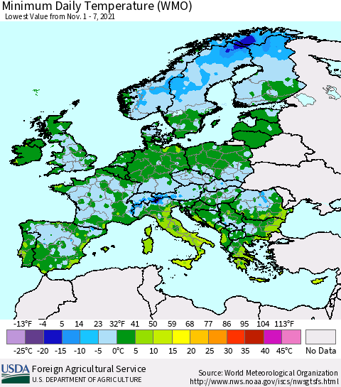 Europe Minimum Daily Temperature (WMO) Thematic Map For 11/1/2021 - 11/7/2021