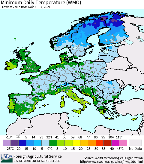 Europe Minimum Daily Temperature (WMO) Thematic Map For 11/8/2021 - 11/14/2021