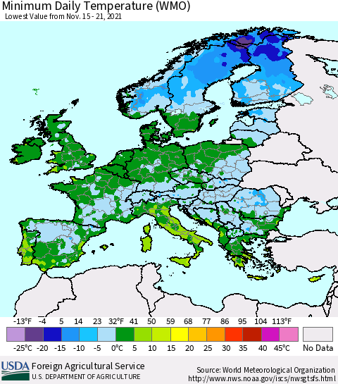 Europe Minimum Daily Temperature (WMO) Thematic Map For 11/15/2021 - 11/21/2021