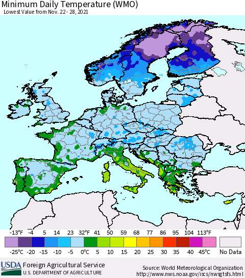 Europe Minimum Daily Temperature (WMO) Thematic Map For 11/22/2021 - 11/28/2021