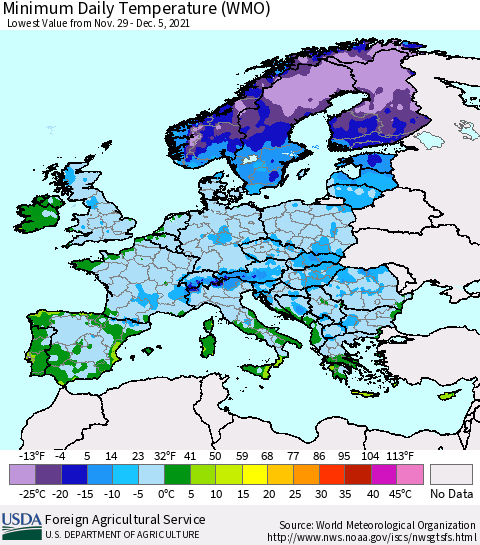Europe Minimum Daily Temperature (WMO) Thematic Map For 11/29/2021 - 12/5/2021